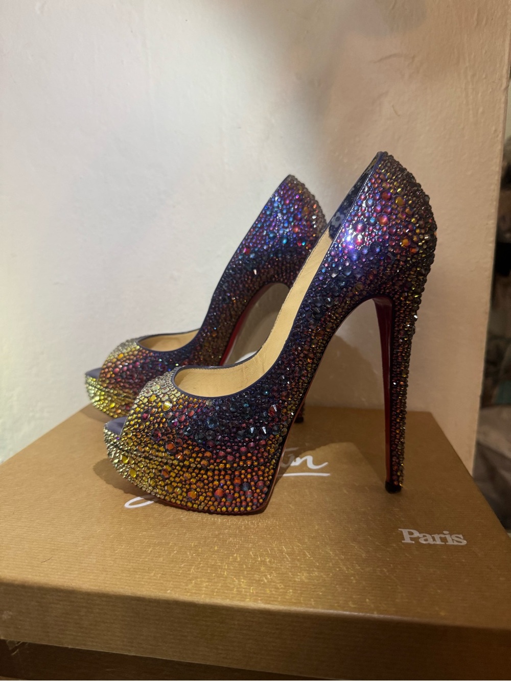 Christian Louboutin Multicolor Crystal Peep-Toe Stiletto Heels